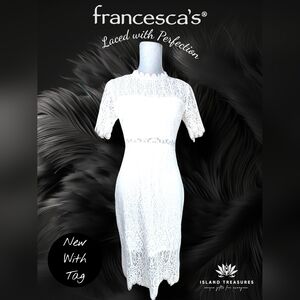 NWT Francesca's Collection Mi Ami Sz Medium Fitted Elegant White Lace Midi Dress